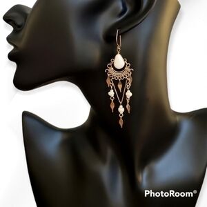 Vintage Peruvian Silver White Milk Glass Beaded Chandalier Dangle Hook Earrings